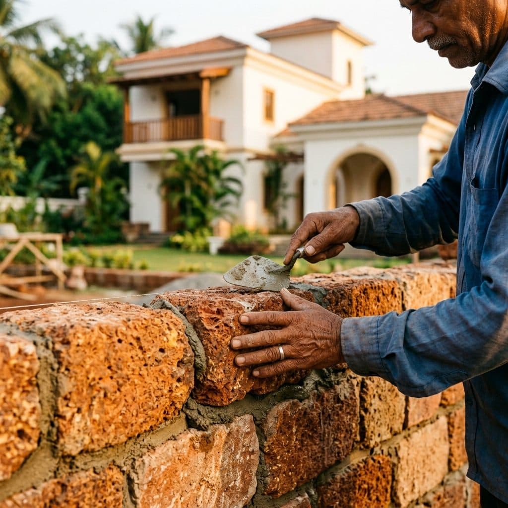 Premium craftsmanship: laterite stonework on a luxury villa in Goa